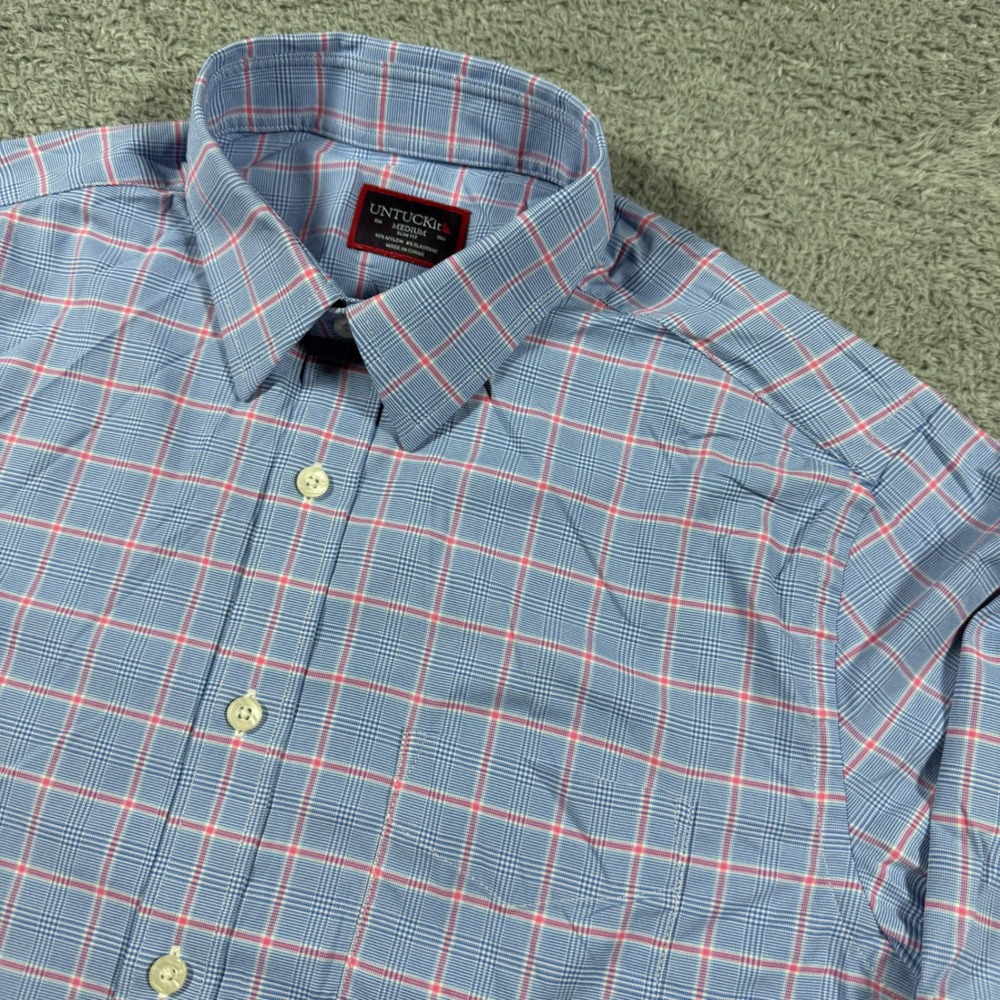 UNTUCKit Button Down Shirt Mens Medium Blue Plaid Slim Fit Performance Nylon